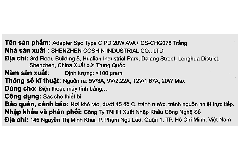 Sạc nhanh Type-C 20W AVA+ CS-CHG078 Màu Trắng