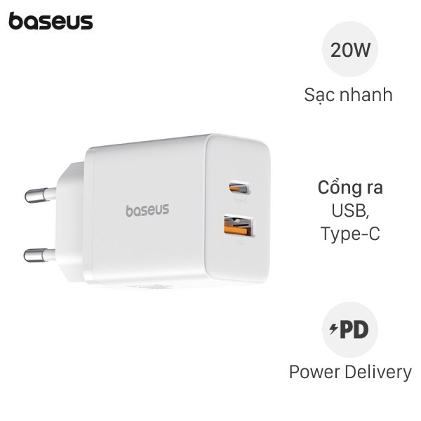 Adapter Sạc 2 Cổng Type C Pd Qc 3.0 20W Baseus Cube Ccxfk20Ue
