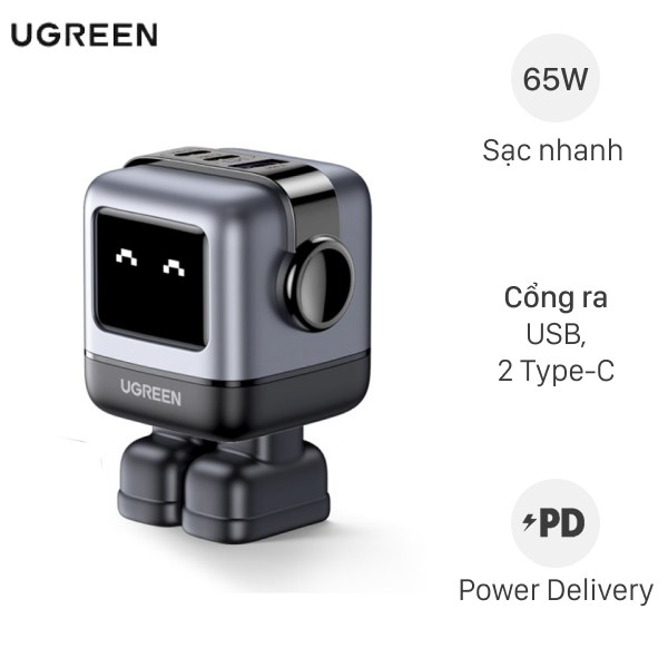 Adapter Sạc 3 Cổng Usb Type C Pd Qc3.0 Gan 65W Ugreen Robot Nexode 15570