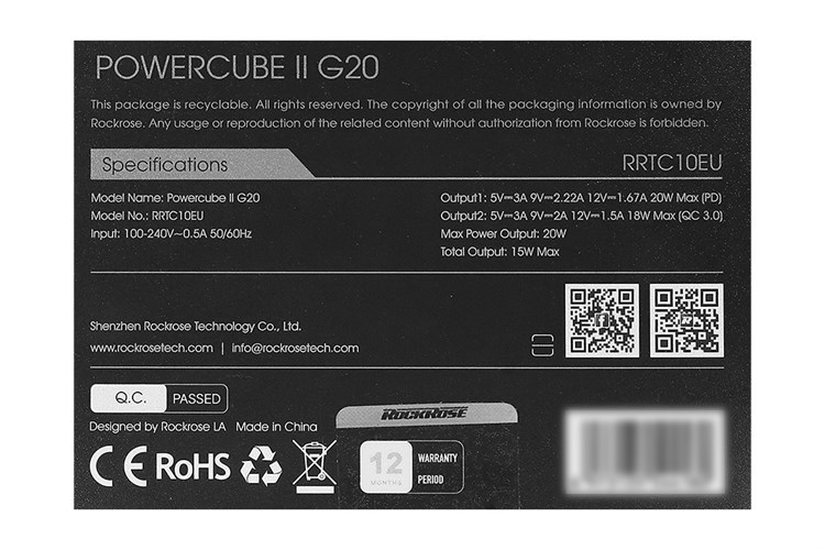 Adapter Sạc 2 cổng Type C PD QC 3.0 20W Rockrose Powercube II G20 Màu Đen