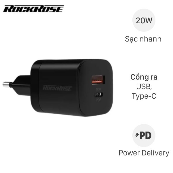 Adapter Sạc 2 Cổng Type C Pd Qc 3.0 20W Rockrose Powercube Ii G20