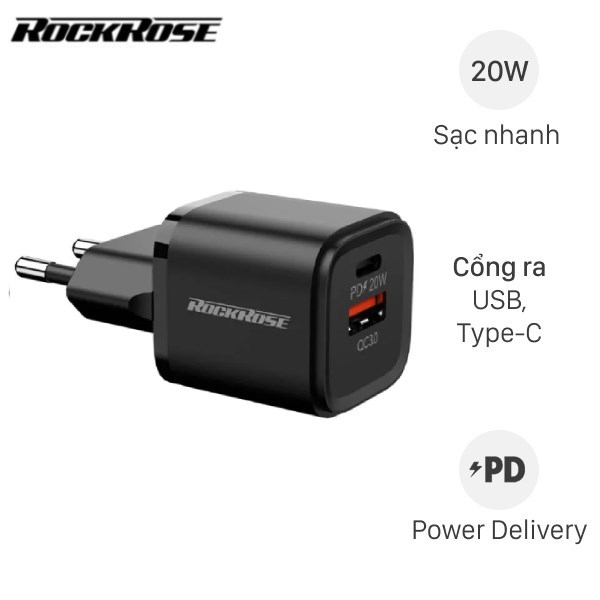 Adapter Sạc 2 Cổng Type C Pd Qc 3.0 20W Rockrose Powercube Ac Neo