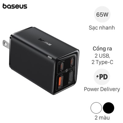 Bộ Adapter Sạc 4 cổng USB Type C PD QC 3.0 GaN6 Pro 65W kèm Cáp Type C - Type C 1m Baseus CCGAN65S6