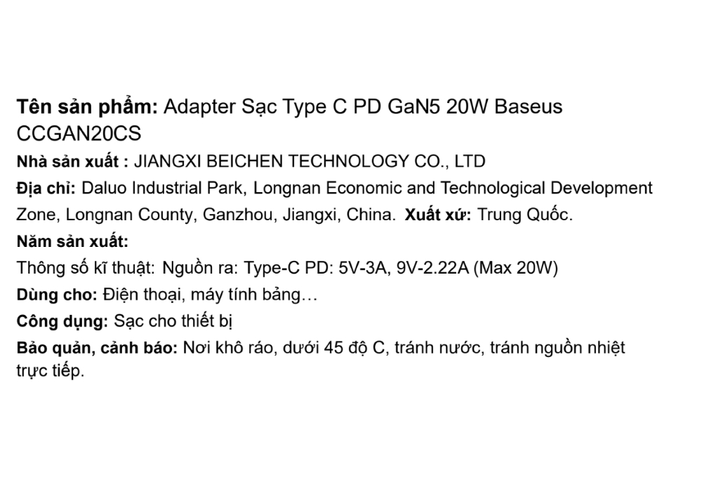 Sạc nhanh Type-C PD 20W Baseus CCGAN20CS Màu Trắng