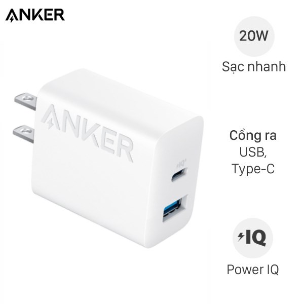 Bộ Adapter Sạc 2 Cổng Usb Type C Iq3 Kèm Cáp Type C - Type C 1.5M 20W Anker B2348