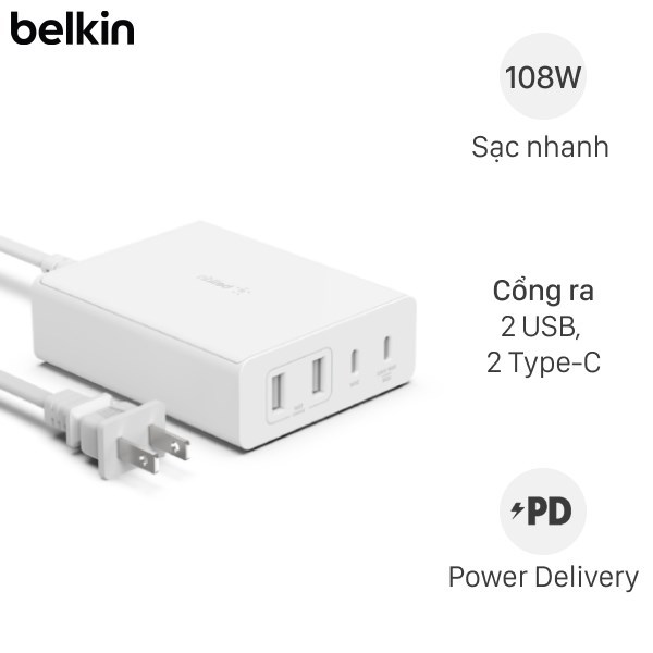 Adapter Sạc 4 Cổng Type C Pd Gan 108W Belkin Wch010
