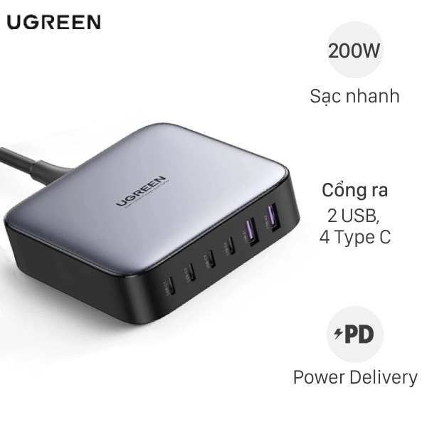 Adapter Sạc 6 Cổng Usb Type C Pd Qc 3.0 Gan 200W Ugreen 40913