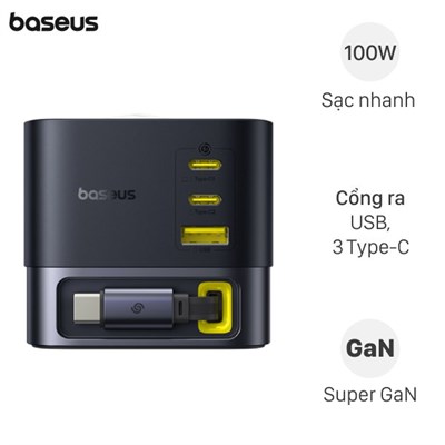 Bộ Adapter Sạc 4 cổng Super GaN Desktop Charger 100W kèm Cáp Type C - Type C Baseus CCSPC100CS