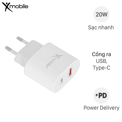 Adapter Sạc 2 cổng Type C PD QC 3.0 20W Xmobile DC02