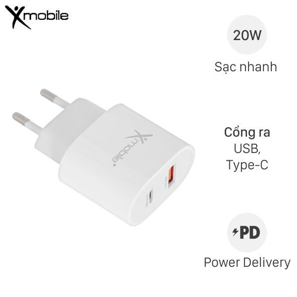 Adapter Sạc 2 Cổng Type C Pd Qc 3.0 20W Xmobile Dc02