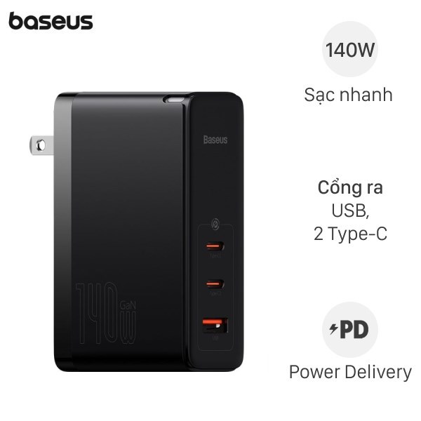 Bộ Adapter Sạc 3 Cổng Gan5 Pro Fast 140W Kèm Cáp Type C - Type C Baseus Ccgan140Cs