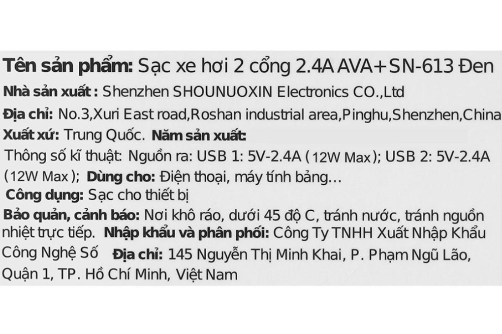 Sạc xe hơi 2 cổng USB 12W AVA+ SN-613 Màu Đen