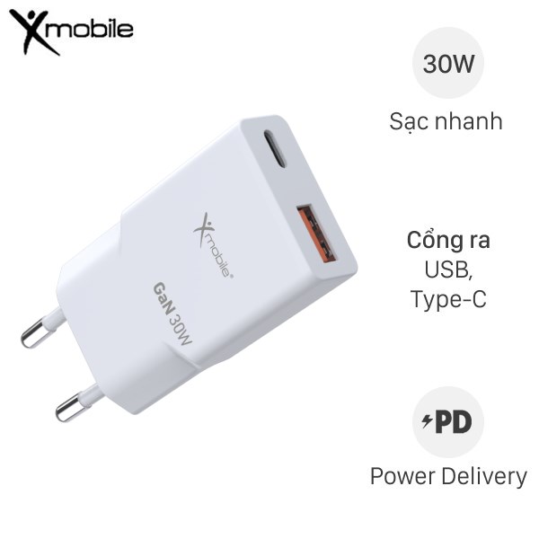 Adapter Sạc 2 cổng USB Type C PD QC 3.0 GaN PPS 30W Xmobile ACL100-QP30