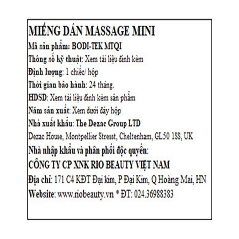 Bộ miếng dán massage toàn thân Rio Beauty  BT-MTQI Màu Trắng