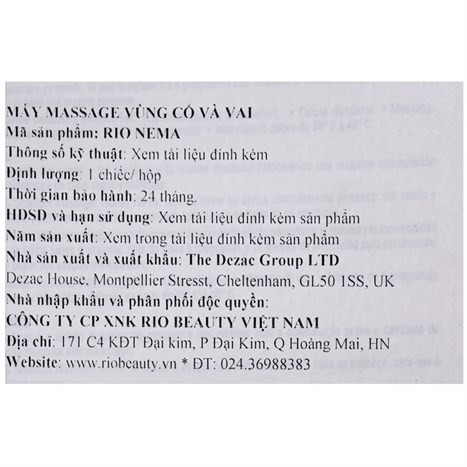 Máy massage cổ, vai, gáy Rio Beauty BT- NEMA Màu Trắng