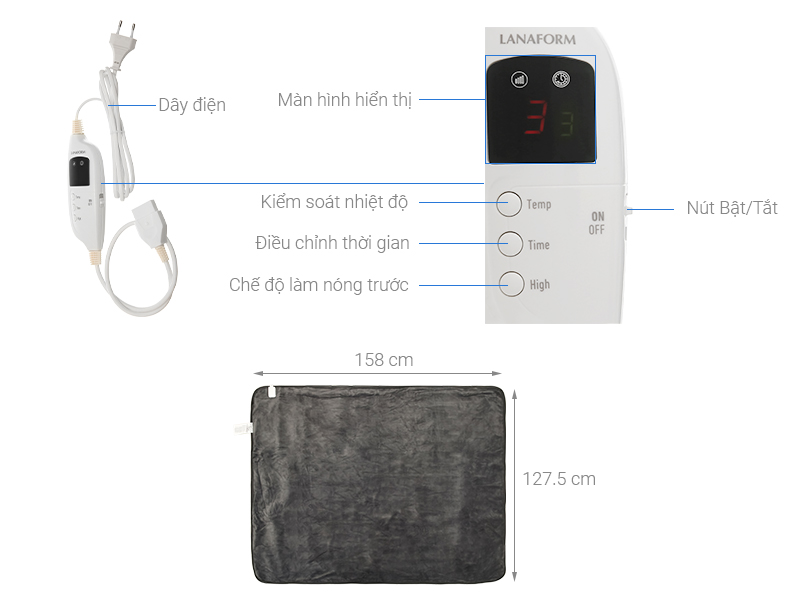 Chăn điện Lanaform LA180105 (1.6 x 1.3m)