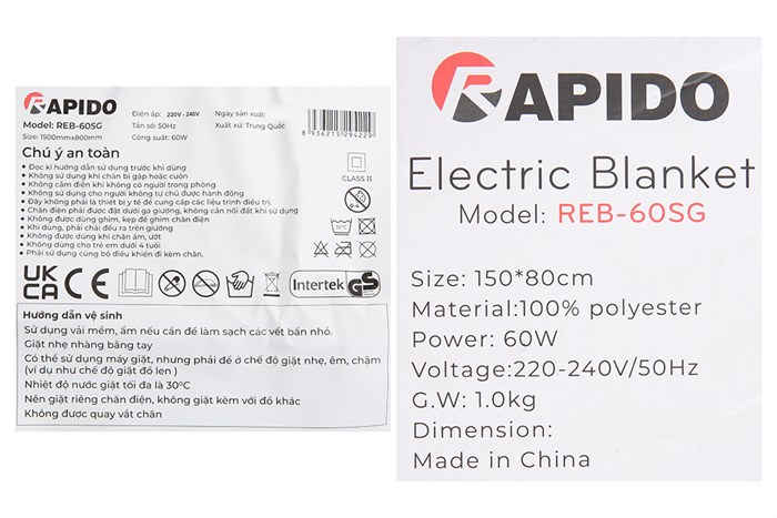 Chăn điện sưởi ấm Rapido REB-60SG Màu Xám