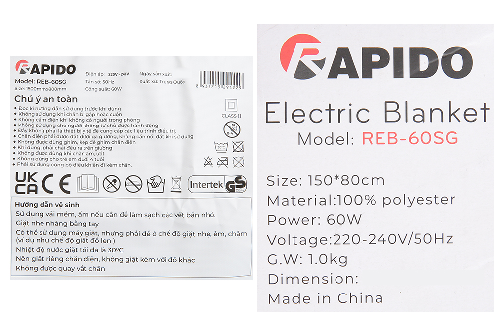Chăn điện sưởi ấm Rapido REB-60SG - 10