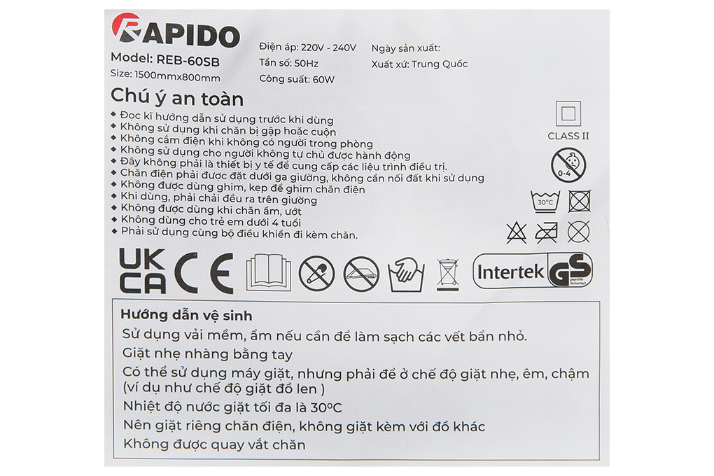 Chăn điện sưởi ấm Rapido REB-60SB Màu Xanh