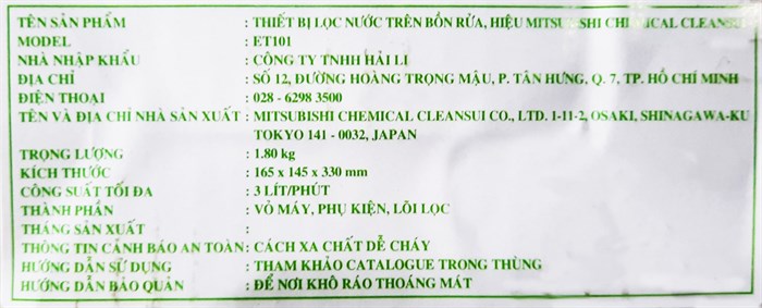 Thiết bị lọc nước trên bồn rửa Mitsubishi Cleansui ET101