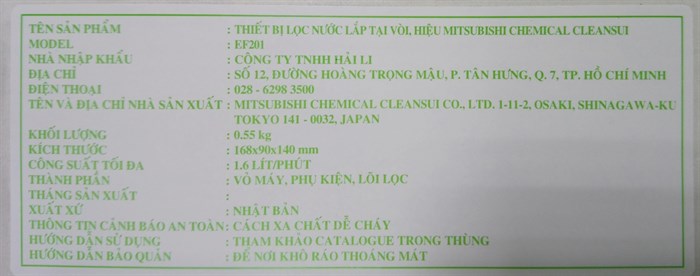 Thiết bị lọc nước tại vòi Mitsubishi Cleansui EF201