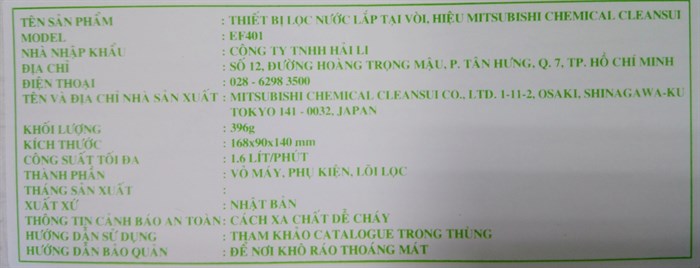 Thiết bị lọc nước tại vòi Mitsubishi Cleansui EF401