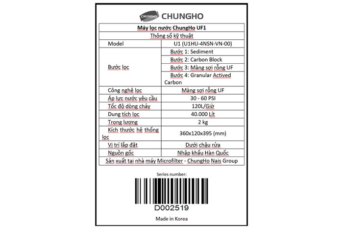 Thiết bị lọc nước UF ChungHo UF1 4 lõi