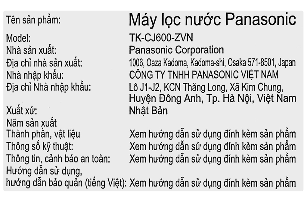 Thiết bị lọc nước tại vòi Panasonic TK-CJ600 Màu Trắng