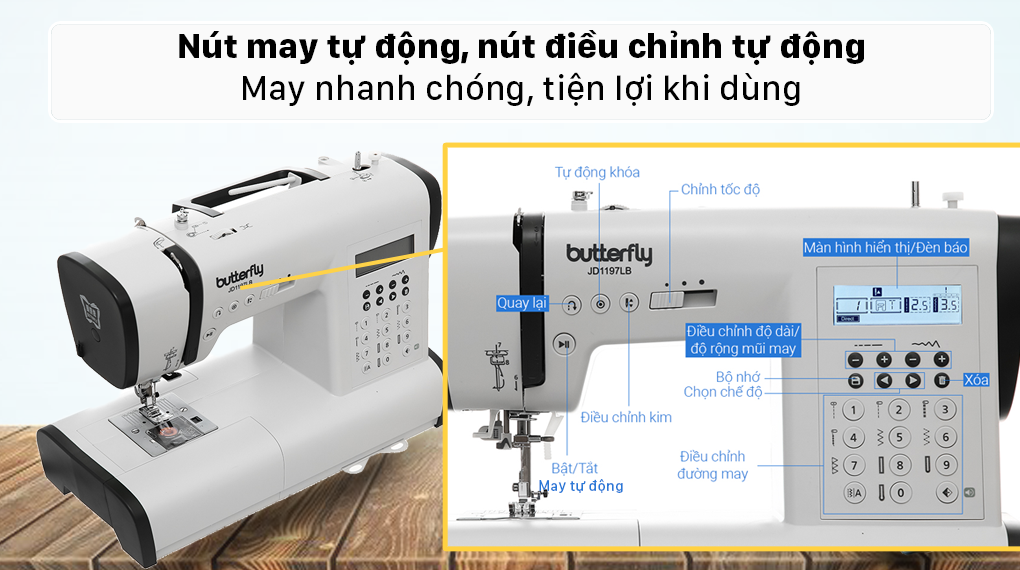 Máy may điện tử gia đình Butterfly JD1197LB - Nút may tự động