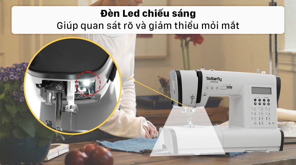 Máy may điện tử gia đình Butterfly JD1197LB - Đèn Led chiếu sáng