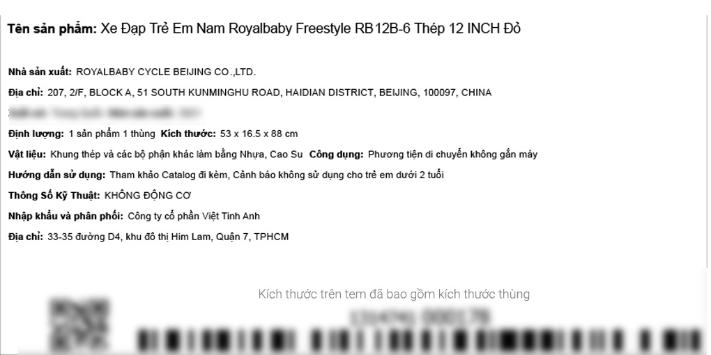 Xe Đạp Trẻ Em Royal Baby Freestyle RB12B-6 12 inch Màu Đỏ