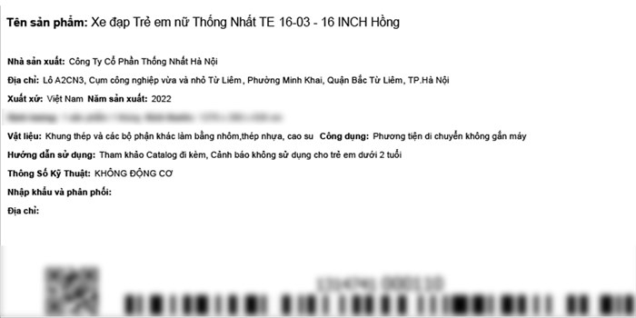 Xe Đạp Trẻ Em Thống Nhất TE 16-03 16 inch Màu Hồng