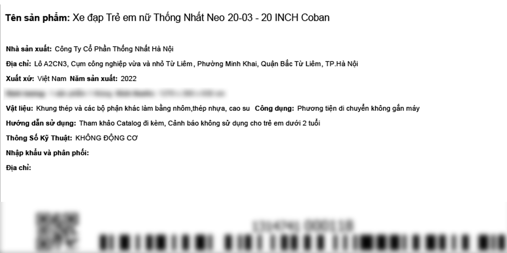 Xe Đạp Trẻ Em Thống Nhất Neo 20-03 20 inch Màu Xanh Dương