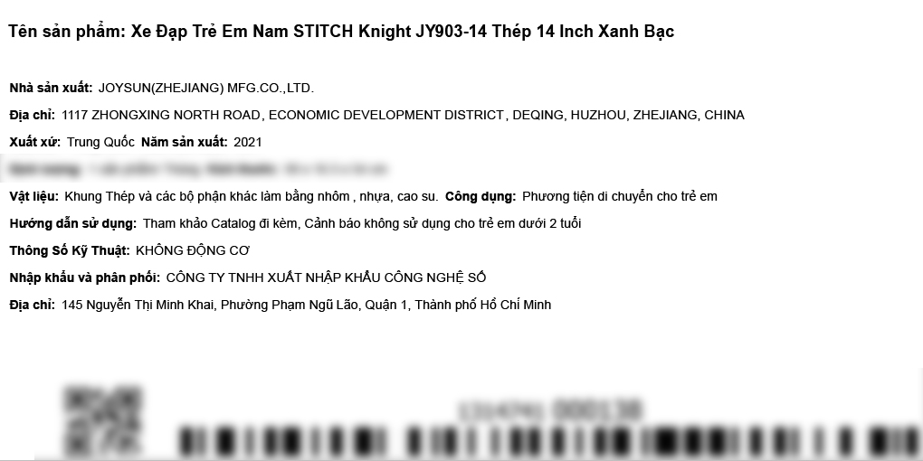 Xe Đạp Trẻ Em Stitch Knight JY903-14 14 inch Màu Xanh Dương