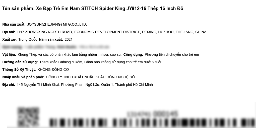 Xe Đạp Trẻ Em Stitch Spider King JY912-16 16 inch Màu Đỏ