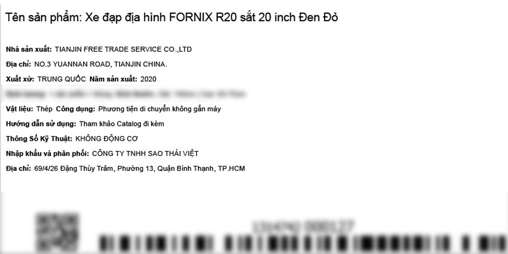 Xe Đạp Trẻ Em Fornix R20 20 inch Màu Đen - Đỏ