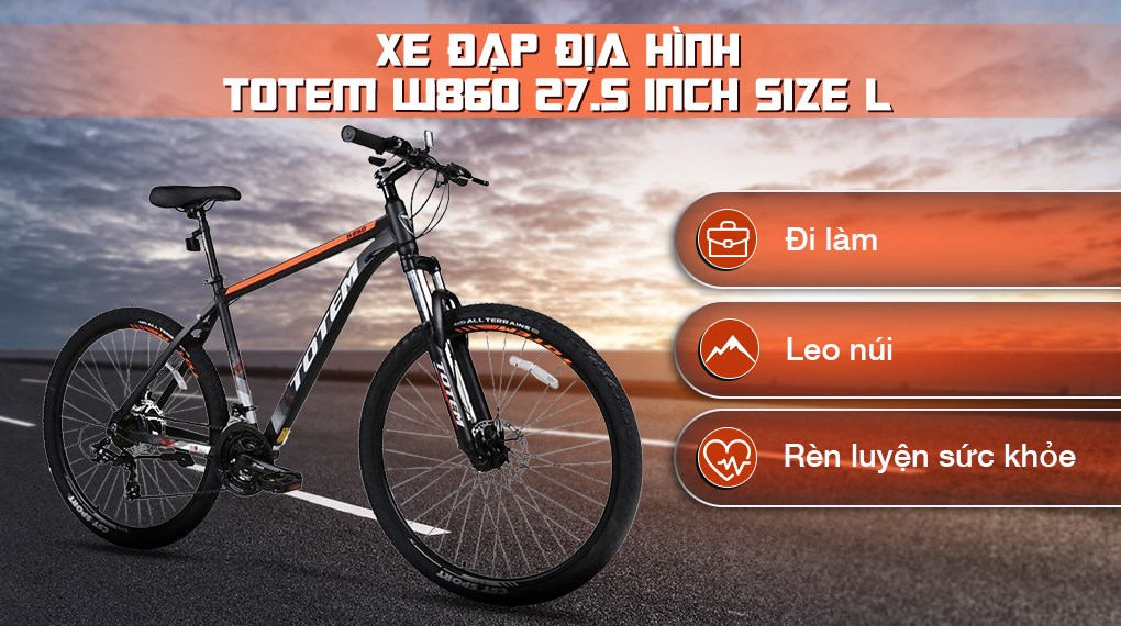 Xe đạp MTB Totem: Chiêm ngưỡng thiết kế độc đáo của xe đạp MTB Totem với khung sườn được làm từ chất liệu siêu bền và nhẹ. Sản phẩm được trang bị bộ chuyển động tốt, giúp người sử dụng điều khiển và di chuyển một cách dễ dàng. Nếu bạn đam mê những chuyến đi đầy thử thách trên địa hình hiểm trở, thì xe đạp MTB Totem sẽ là sự lựa chọn đúng đắn.