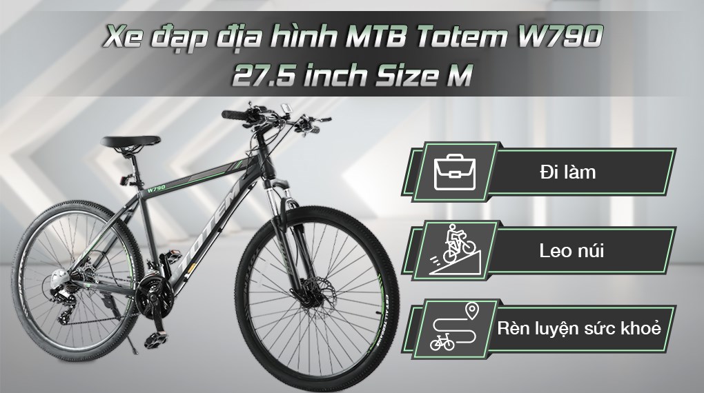 Xe đạp địa hình MTB Totem W790 chính hãng giá rẻ sẽ rất hấp dẫn với những ai muốn sở hữu chiếc xe địa hình với giá cả phải chăng. Trang bị chất lượng tuyệt vời, kiểu dáng đẹp mắt và hiệu năng tốt, Totem W790 sẽ giúp cho người dùng thỏa sức khám phá địa hình.