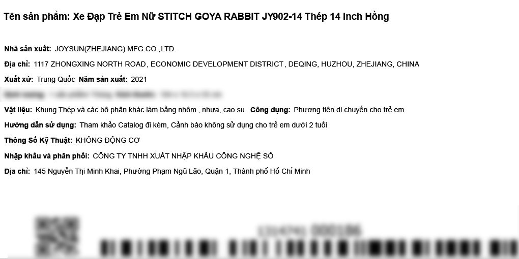 Xe Đạp Trẻ Em Stitch Goya Rabbit JY902-14 14 inch Màu Hồng