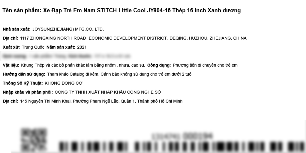 Xe Đạp Trẻ Em Stitch Little Cool JY904-16 16 inch Màu Xanh Dương