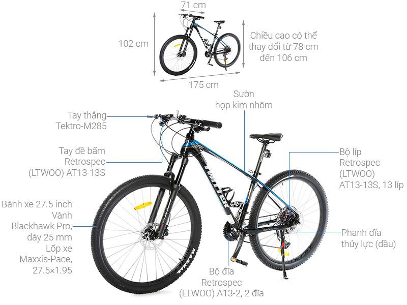 Xe Đạp Địa Hình MTB Twitter Blackhawk Pro (QR) RS-2*13S 27.5 inch Size S