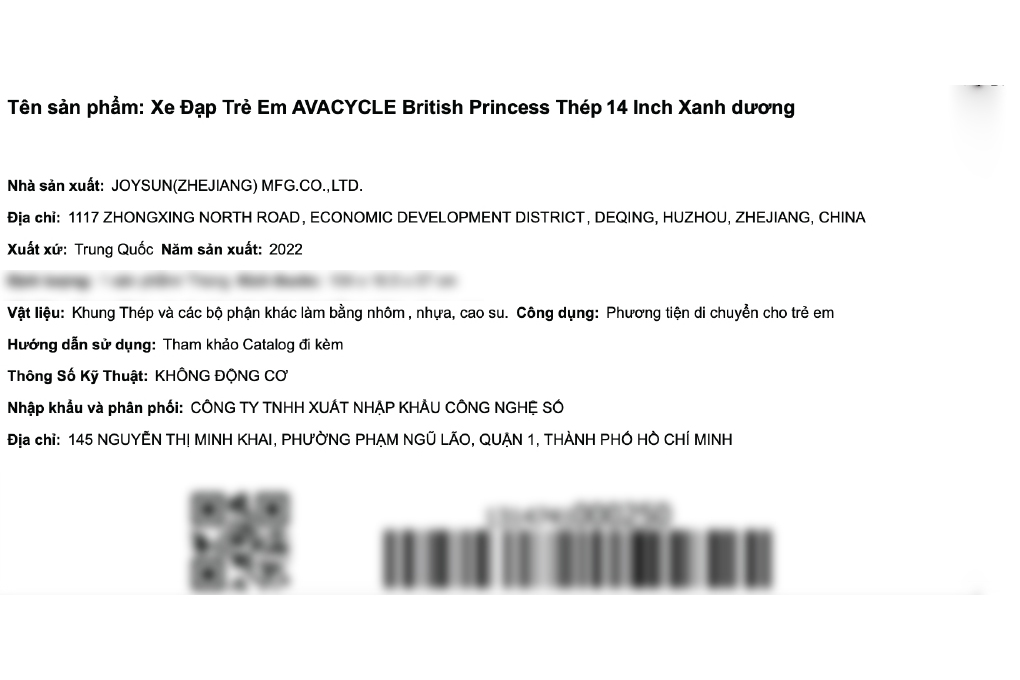 Xe Đạp Trẻ Em AVACycle British Princess JY904-14 14 inch Màu Xanh Dương