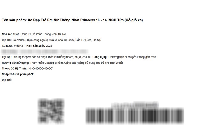 Xe Đạp Trẻ Em Nữ Thống Nhất Princess 16 - 16 inch (Có giỏ xe) Màu Tím