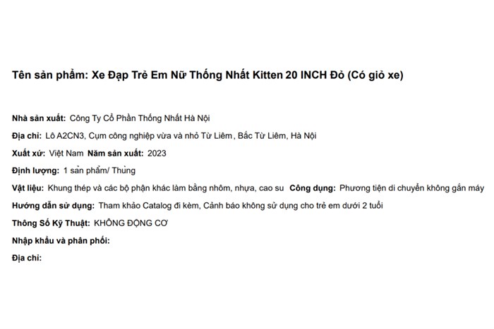 Xe Đạp Trẻ Em Nữ Thống Nhất Kitten 20 inch (Có giỏ xe) Màu Đỏ