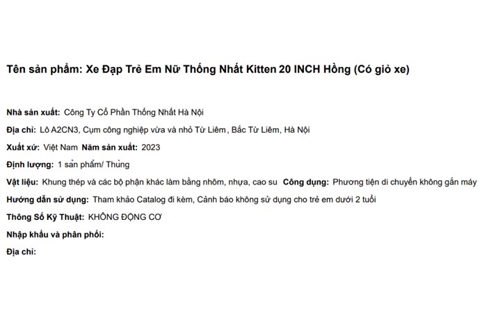 Xe Đạp Trẻ Em Nữ Thống Nhất Kitten 20 inch (Có giỏ xe) Màu Hồng