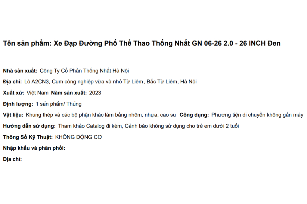 Xe Đạp Đường Phố Thể Thao Thống Nhất GN 06-26 2.0 - 26 inch Màu Đen