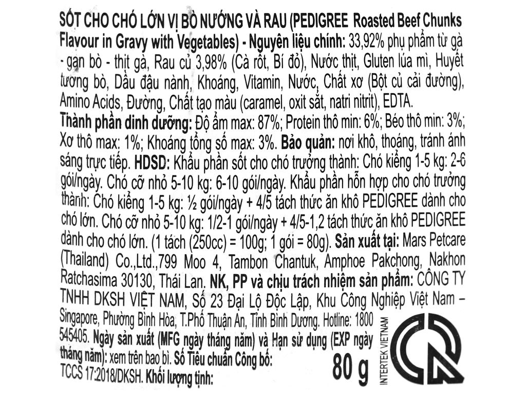 Sốt cho chó lớn Pedigree hương bò nướng và rau túi 80g 5