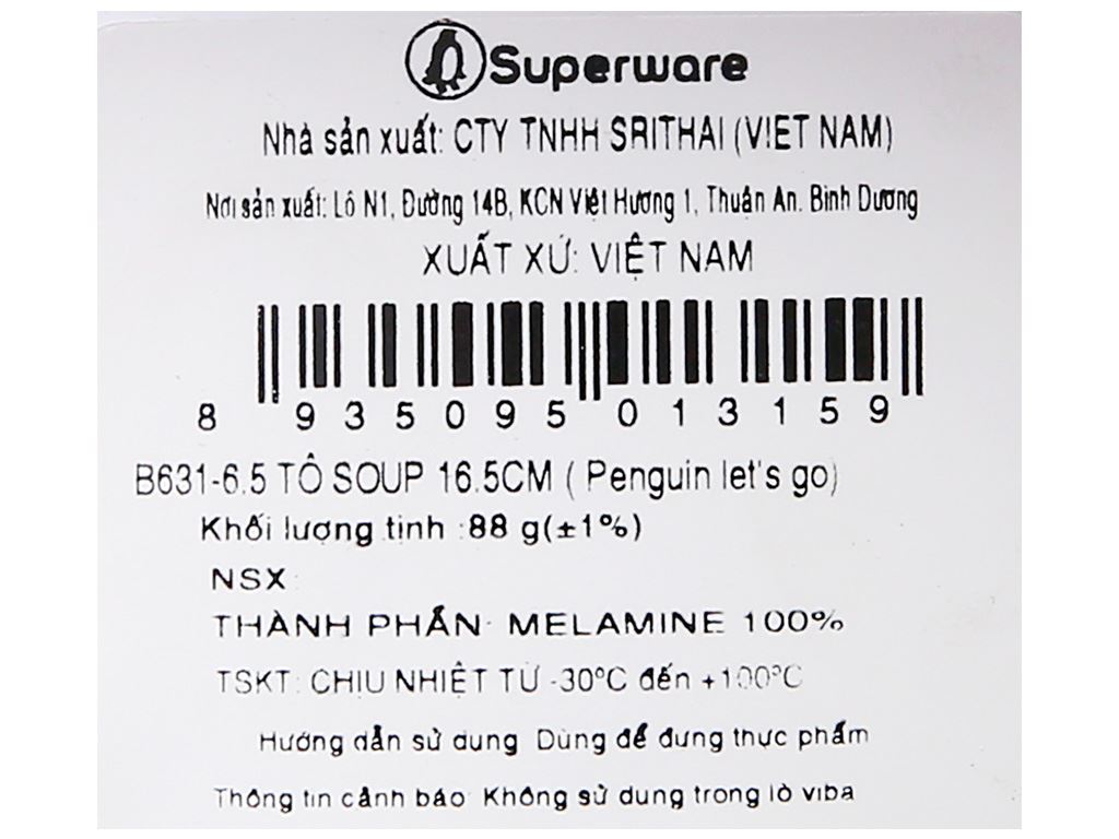 Tô soup nhựa melamine Superware penguin let's go B631-6.5 6