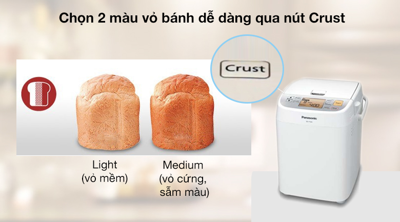 Máy làm bánh mì Panasonic SD-P104 - Có 2 màu vỏ bánh dễ chọn qua nút Crust