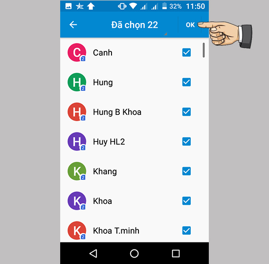 Bước 5: Chọn tất cả danh bạ và chọn OK.